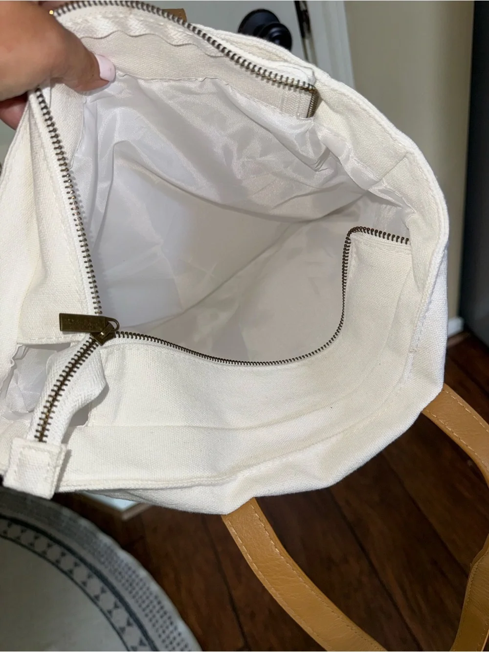 Cozy Earth Canvas Tote Bag Off White Tan Vegan Leather Handles NWT